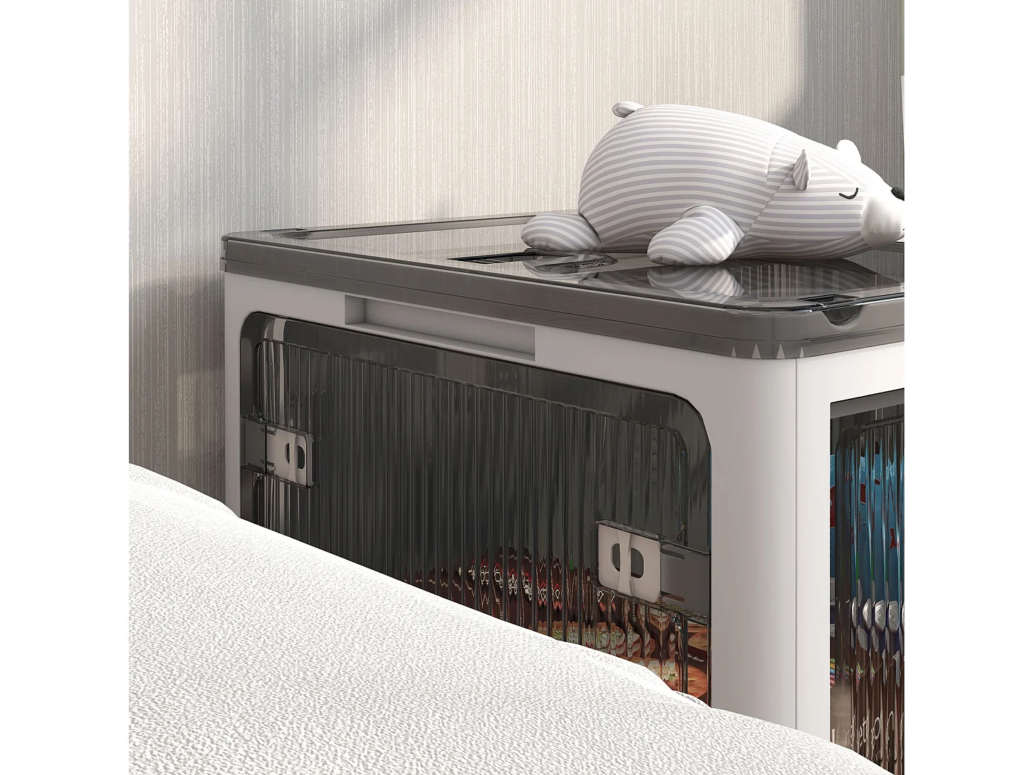 Boîte de rangement pliante avec roulettes plastique PP ouverture 5 côtés empilable 67×47×38cm blanc