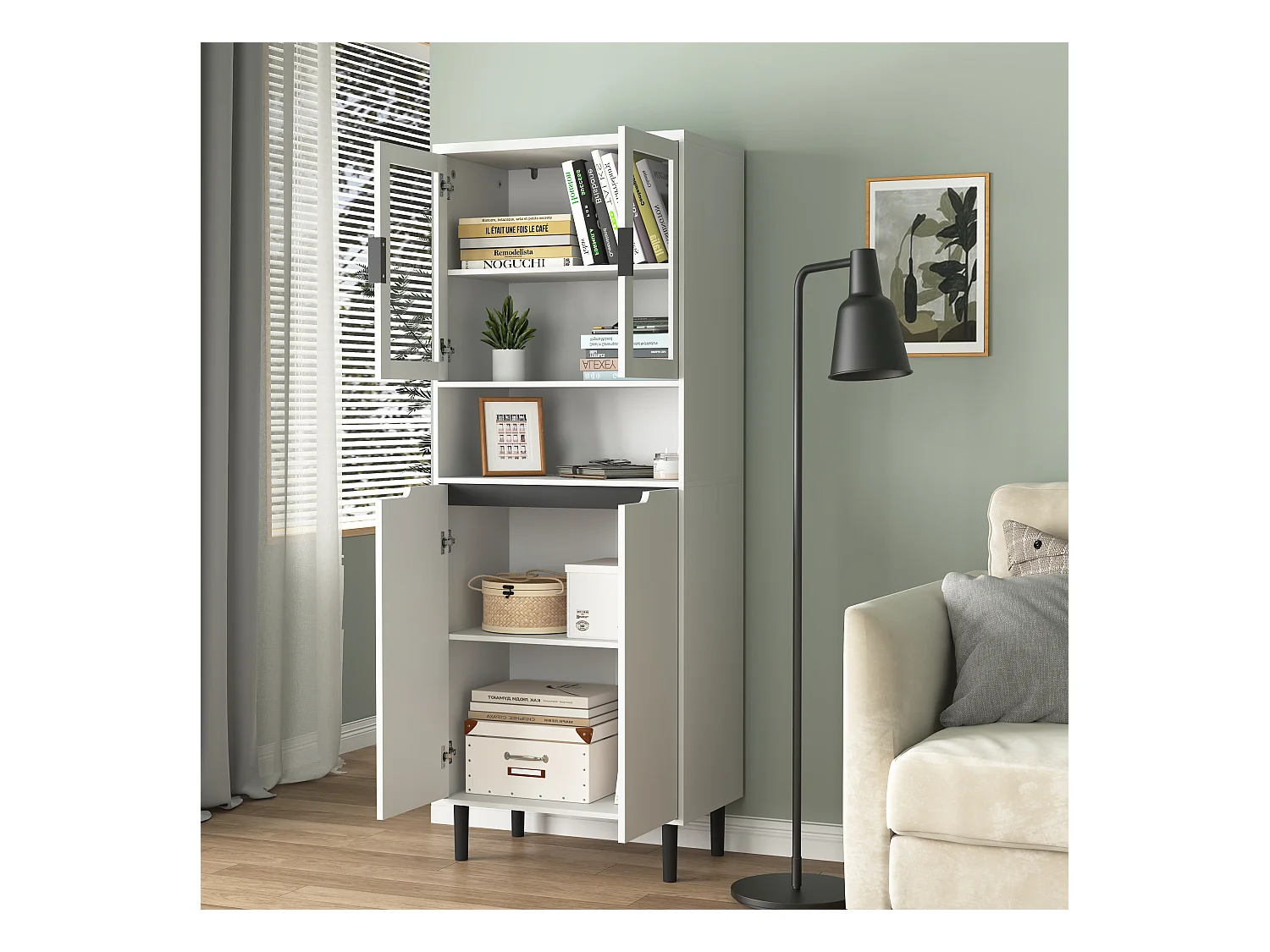 Armário alto de madeira MDF branco com vitrine de vidro, sala de estar, cozinha, escritório, armazenamento 180x80 cm