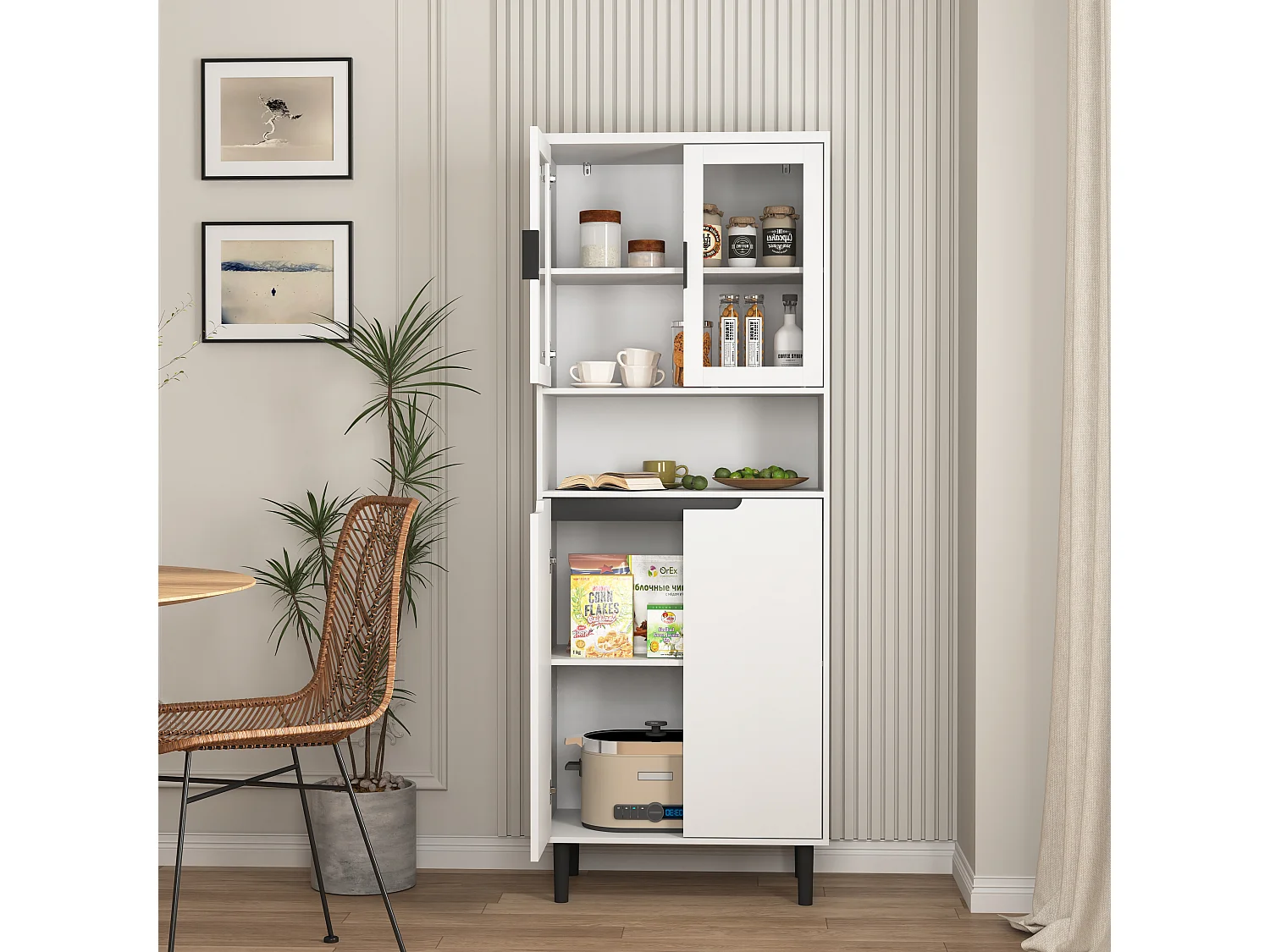 Armoire haute bois MDF blanc avec vitrine en verre, rangement salon cuisine bureau 180x80 cm