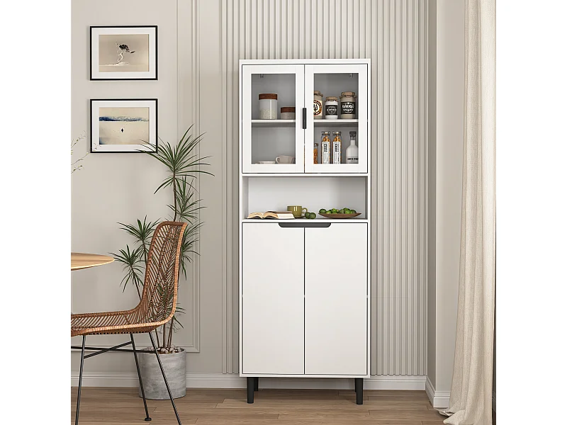 Armário alto de madeira MDF branco com vitrine de vidro, sala de estar, cozinha, escritório, armazenamento 180x80 cm