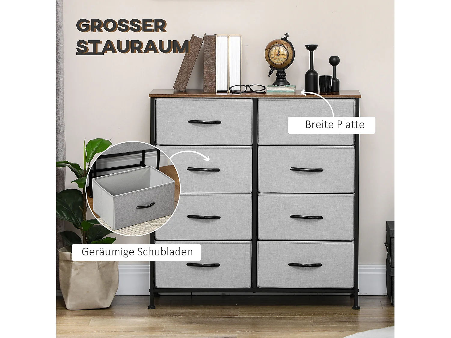 Cómoda alta 8 cajones tela estructura acero almacenaje dormitorio salón 80x30x81,5cm gris