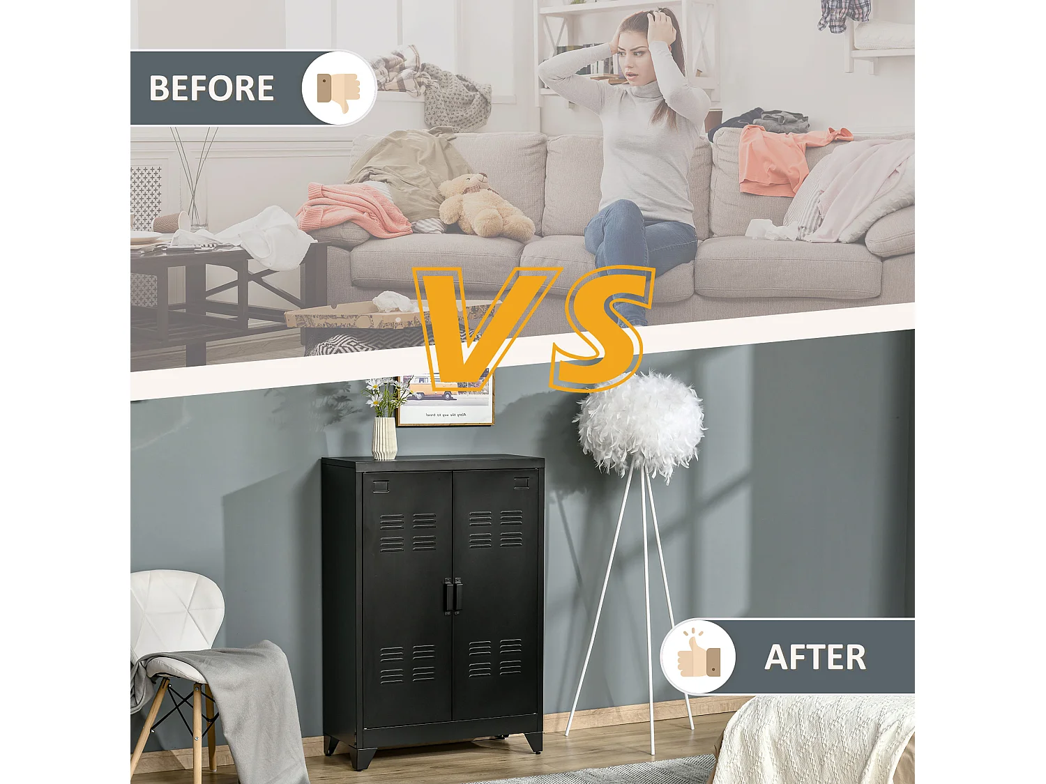 Armadio metallico 2 ripiani regolabili con porte a lamelle per garage maison grigio 75x33x110 cm