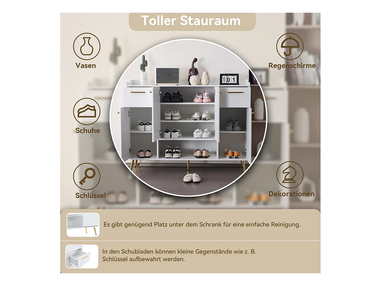 Mobile da pavimento in legno MDF con 2 cassetti e 4 porte, camera bianca