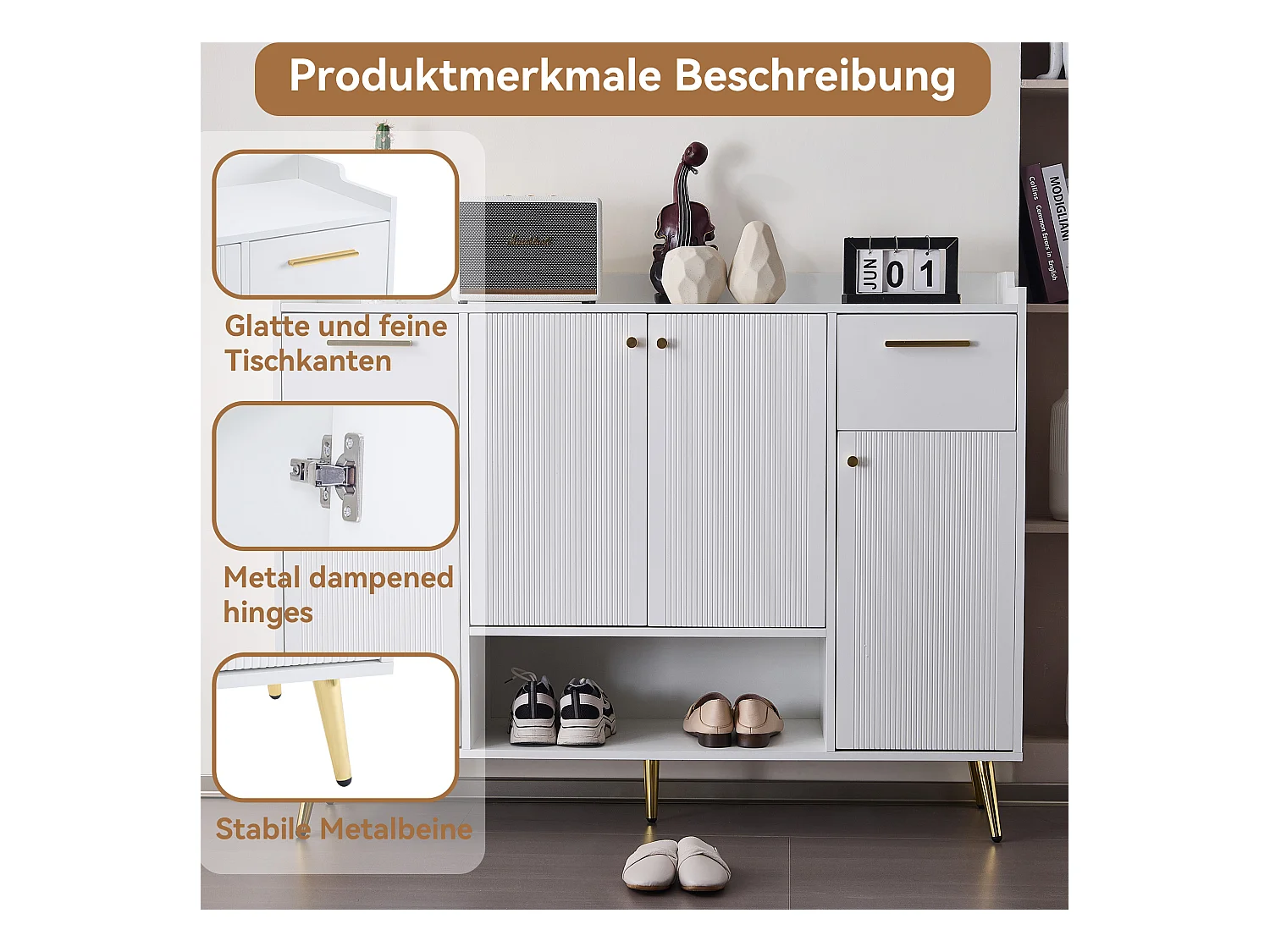 Mobile da pavimento in legno MDF con 2 cassetti e 4 porte, camera bianca