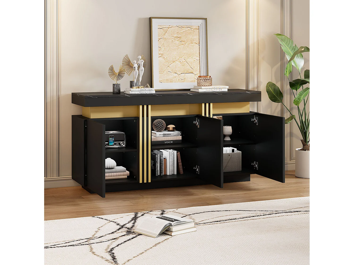 Buffet bas MDF imitation marbre noir 3 portes rangement salon entrée bureau 140x38x70 cm
