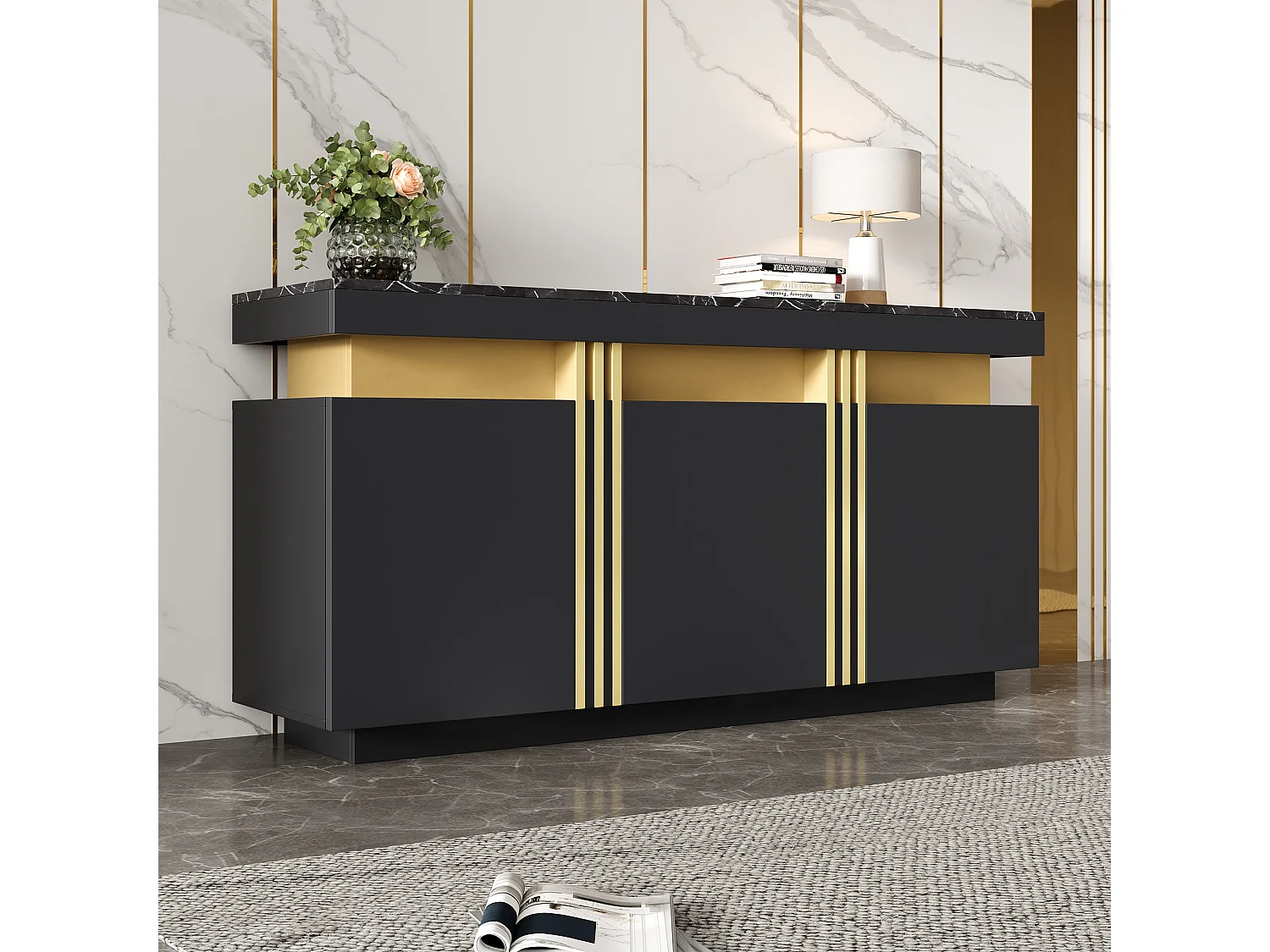 Buffet bas MDF imitation marbre noir 3 portes rangement salon entrée bureau 140x38x70 cm