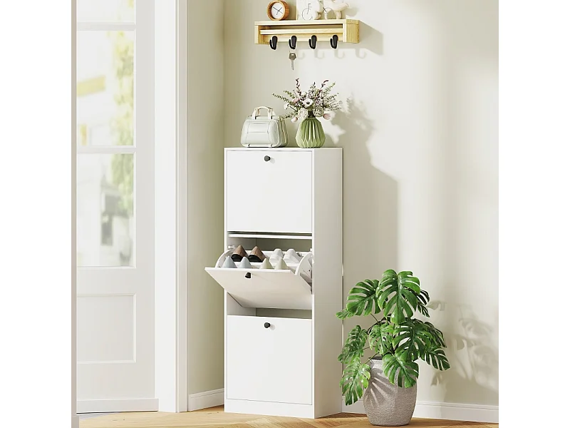 Zapatero de madera con 3 puertas, compacto, para entrada, con capacidad para 12 pares, 47 x 26 x 120 cm, color blanco moderno.