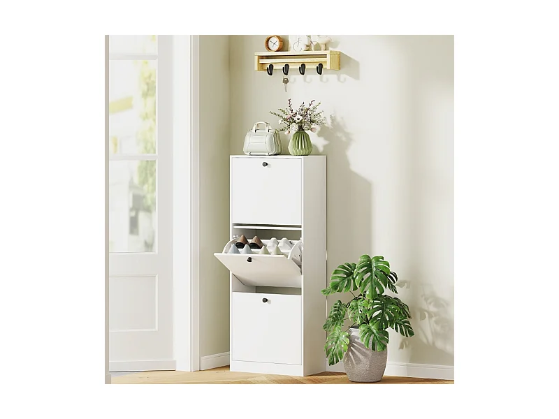 Zapatero de madera con 3 puertas, compacto, para entrada, con capacidad para 12 pares, 47 x 26 x 120 cm, color blanco moderno.