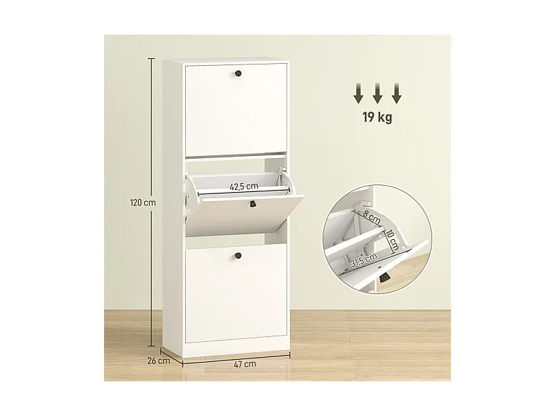 Zapatero de madera con 3 puertas, compacto, para entrada, con capacidad para 12 pares, 47 x 26 x 120 cm, color blanco moderno.