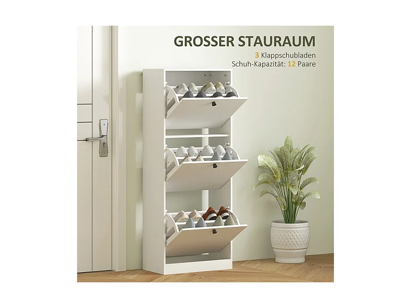 Zapatero de madera con 3 puertas, compacto, para entrada, con capacidad para 12 pares, 47 x 26 x 120 cm, color blanco moderno.