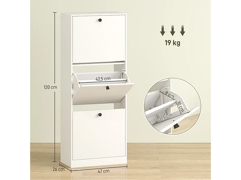 Sapateira de madeira com 3 abas, compacta, armazenamento de entrada para 12 pares, 47x26x120cm, branco moderno