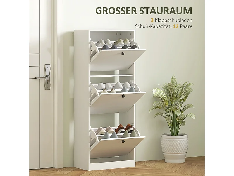 Sapateira de madeira com 3 abas, compacta, armazenamento de entrada para 12 pares, 47x26x120cm, branco moderno