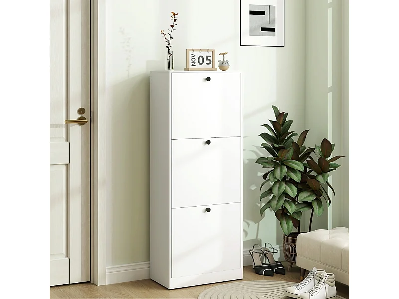 Sapateira de madeira com 3 abas, compacta, armazenamento de entrada para 12 pares, 47x26x120cm, branco moderno