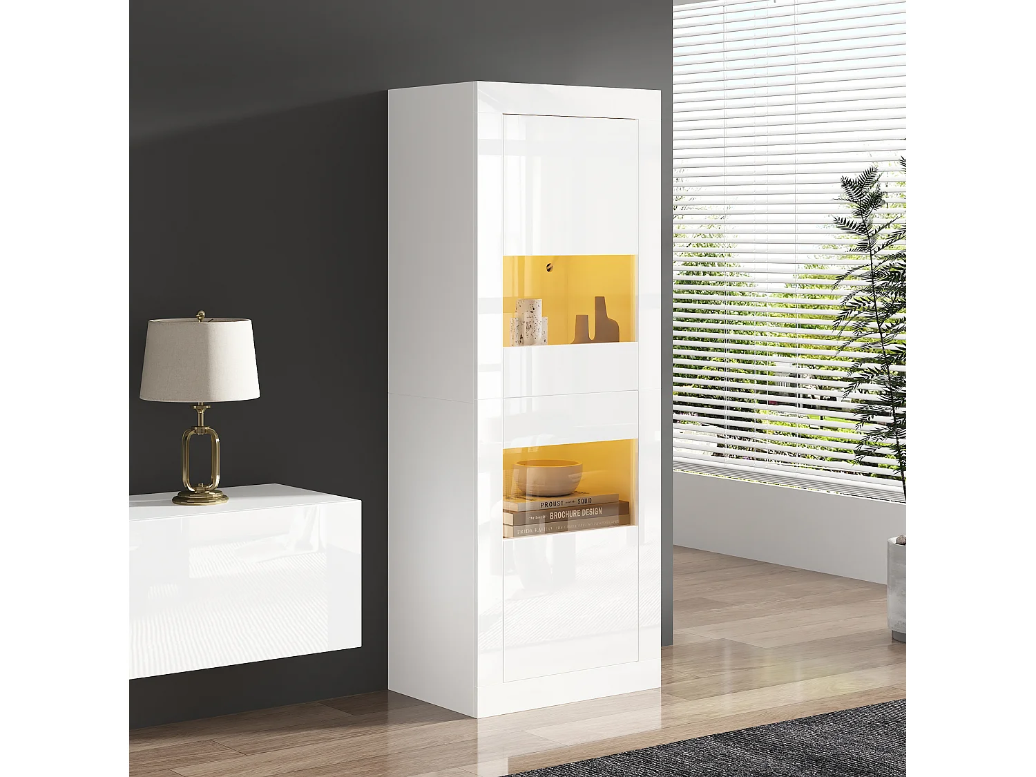 Vitrine LED blanche MDF haute brillance 2 portes étagères verre salon chambre 61x42x162 cm