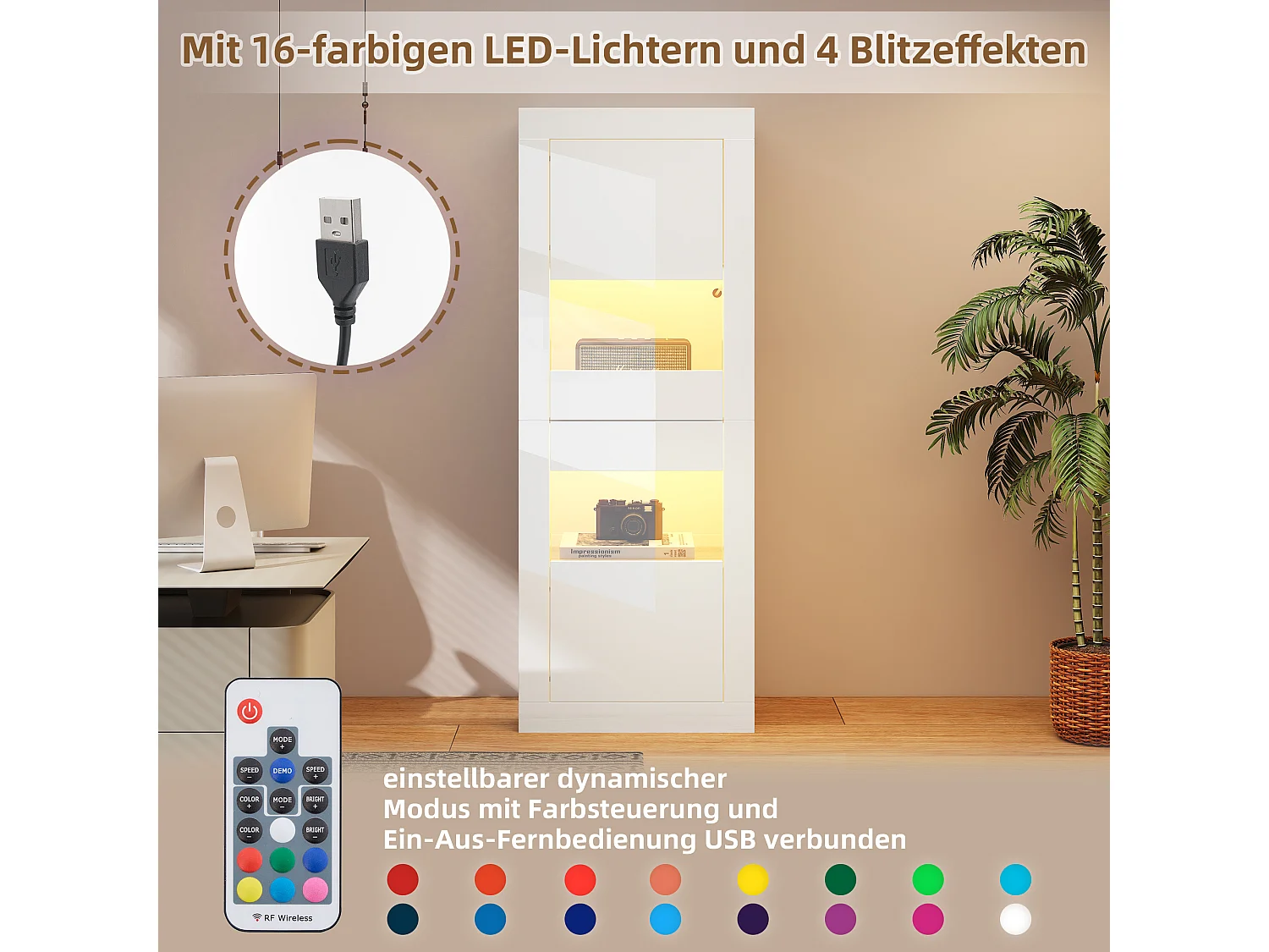 Vitrine LED blanche MDF haute brillance 2 portes étagères verre salon chambre 61x42x162 cm