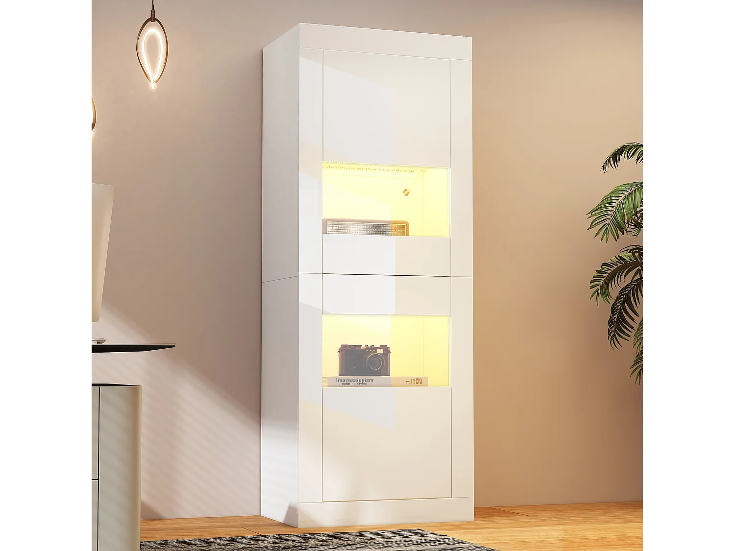 Vitrine LED blanche MDF haute brillance 2 portes étagères verre salon chambre 61x42x162 cm