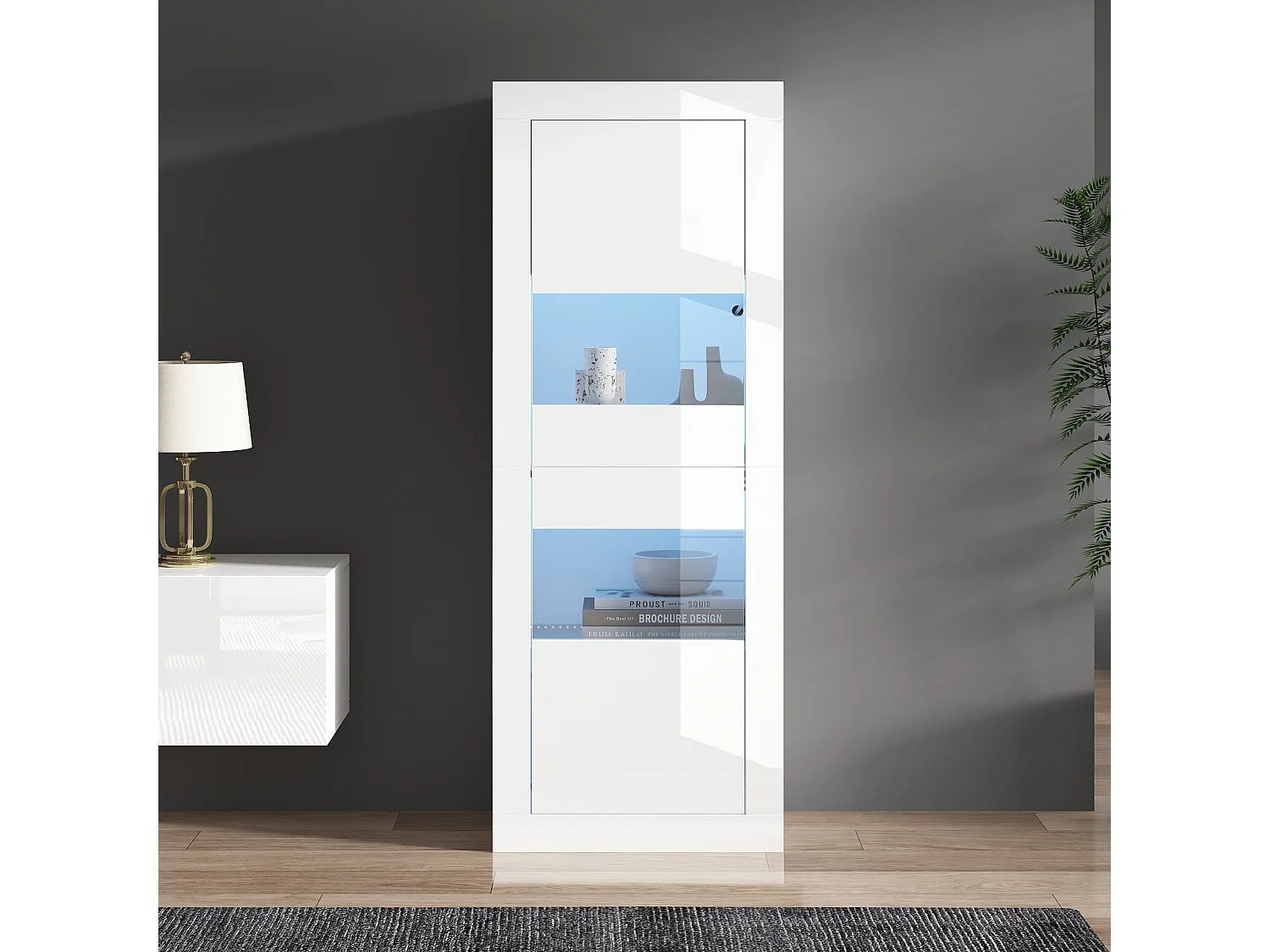 Vitrine LED blanche MDF haute brillance 2 portes étagères verre salon chambre 61x42x162 cm