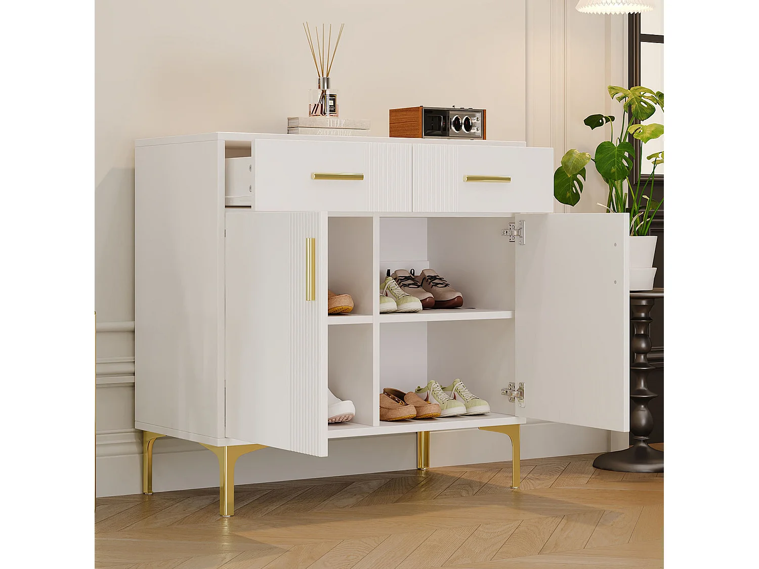 Cômoda em MDF branco, móvel de arrumação com design de ondas, hall de entrada, sala de estar, quarto, 80x35x79,5 cm