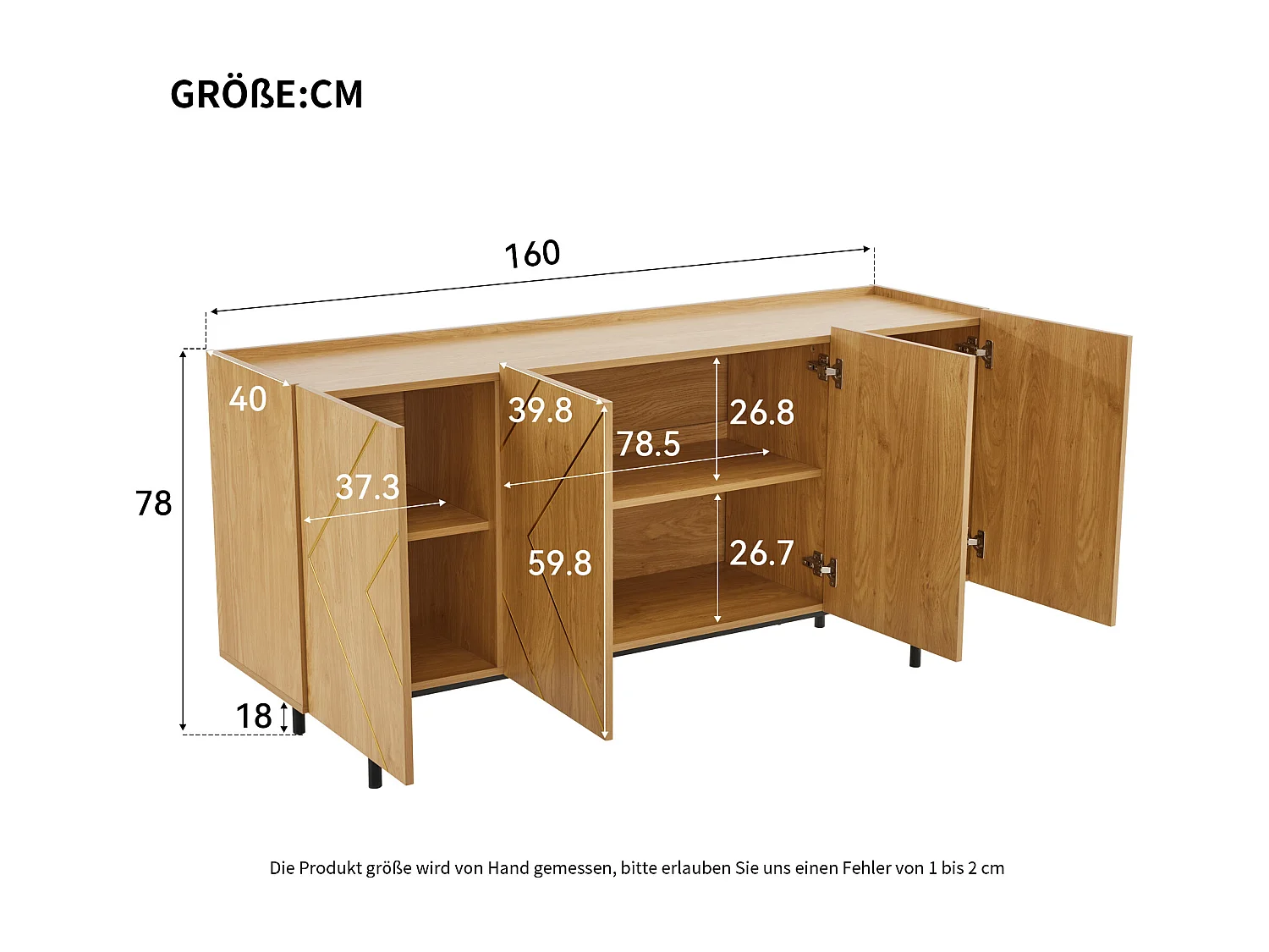 Aparador baixo madeira MDF 4 portas grande armazenamento sala de estar sala de jantar design bege 160cm