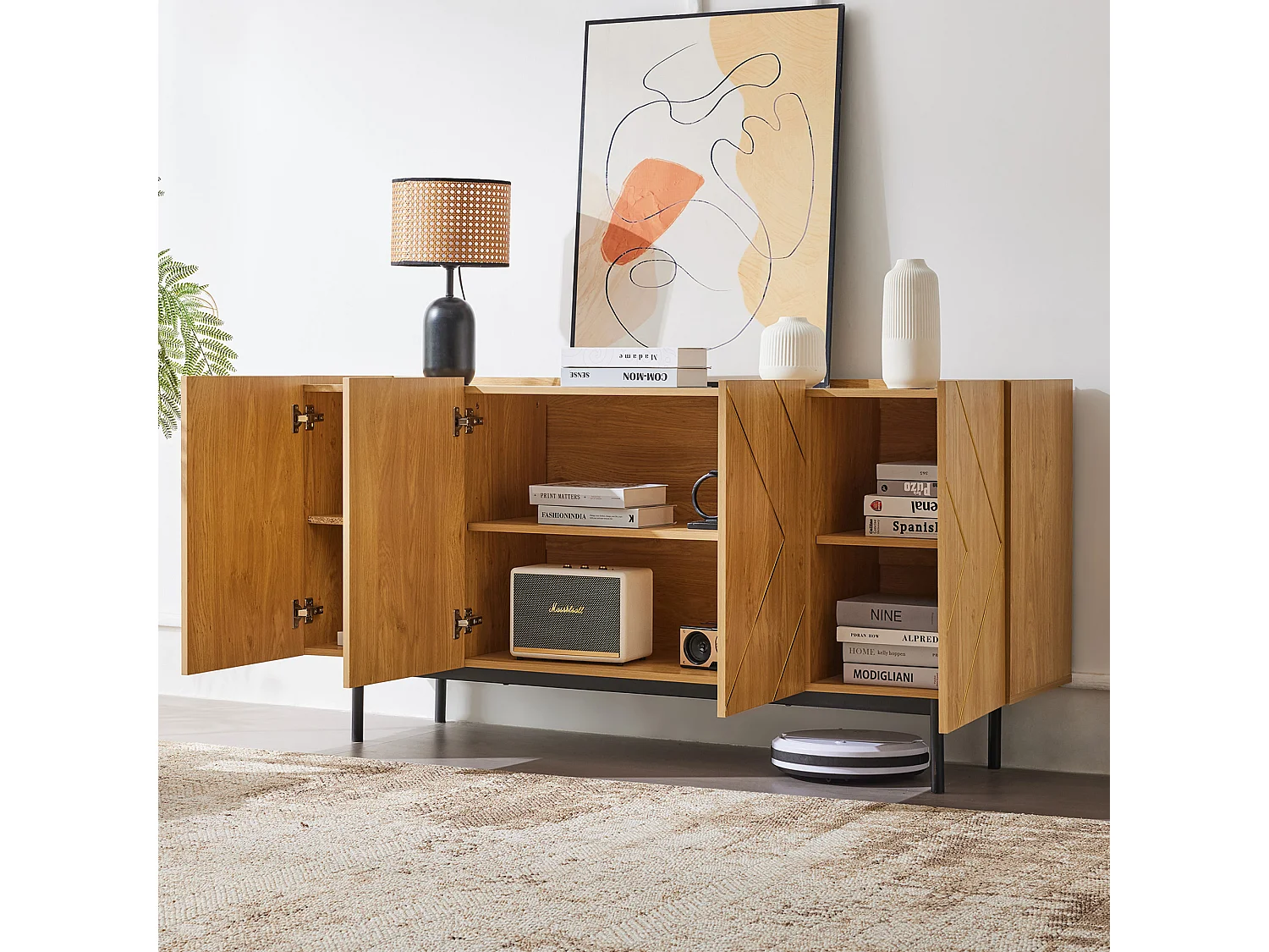 Aparador baixo madeira MDF 4 portas grande armazenamento sala de estar sala de jantar design bege 160cm