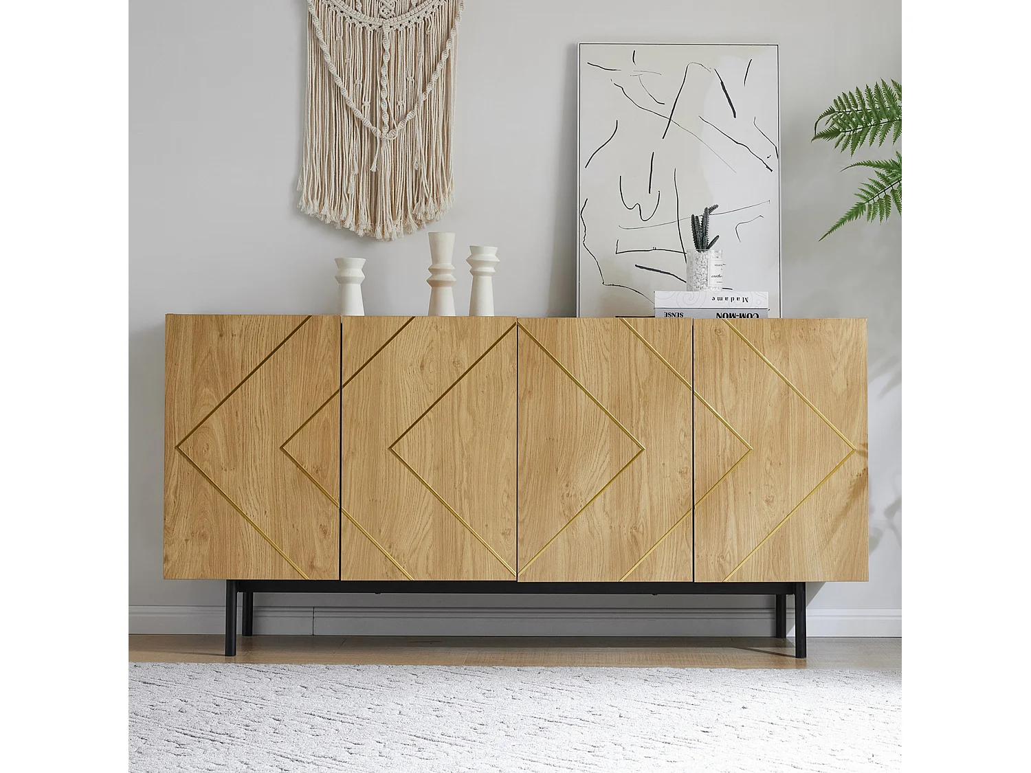 Aparador baixo madeira MDF 4 portas grande armazenamento sala de estar sala de jantar design bege 160cm