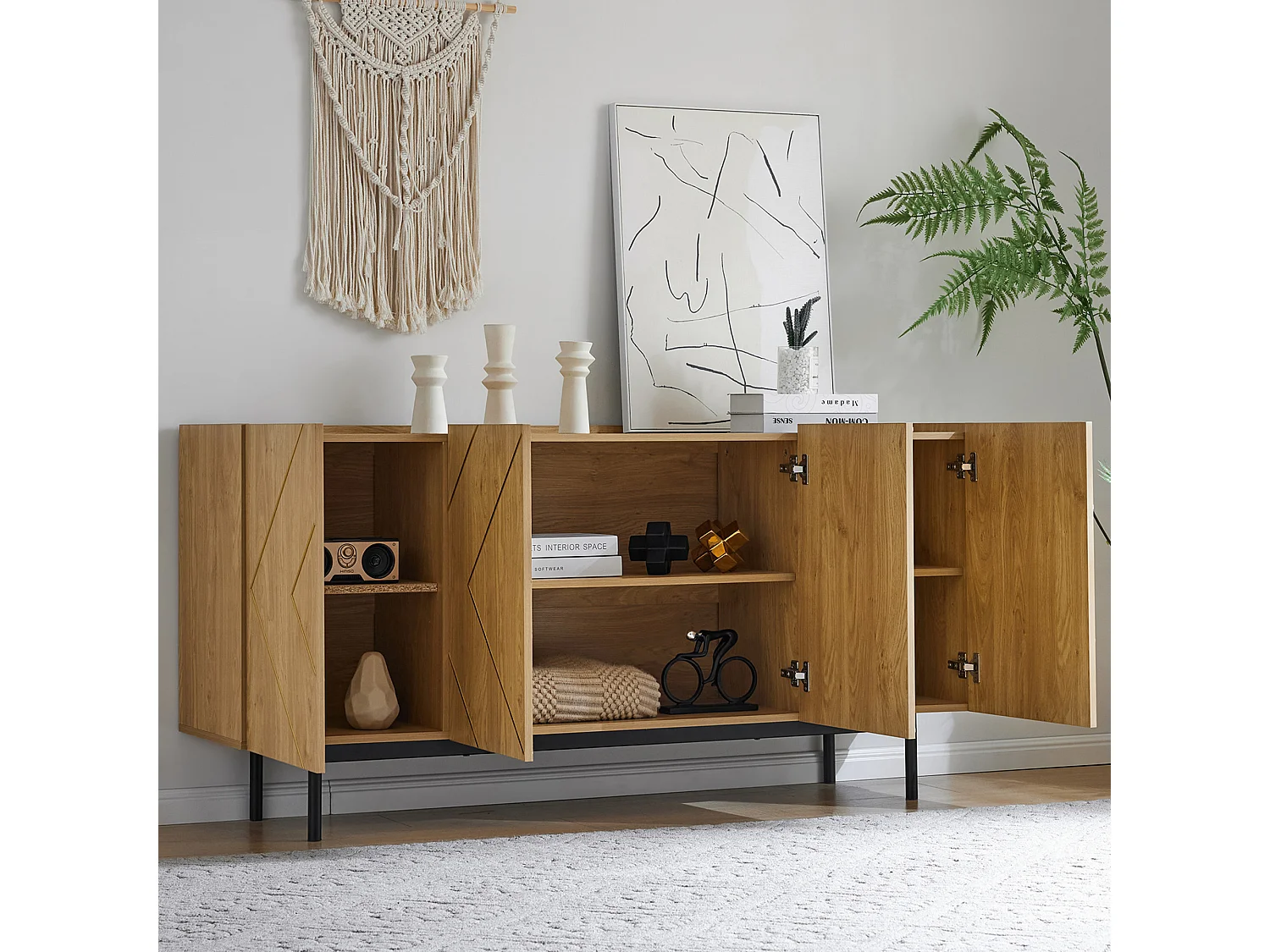 Aparador baixo madeira MDF 4 portas grande armazenamento sala de estar sala de jantar design bege 160cm