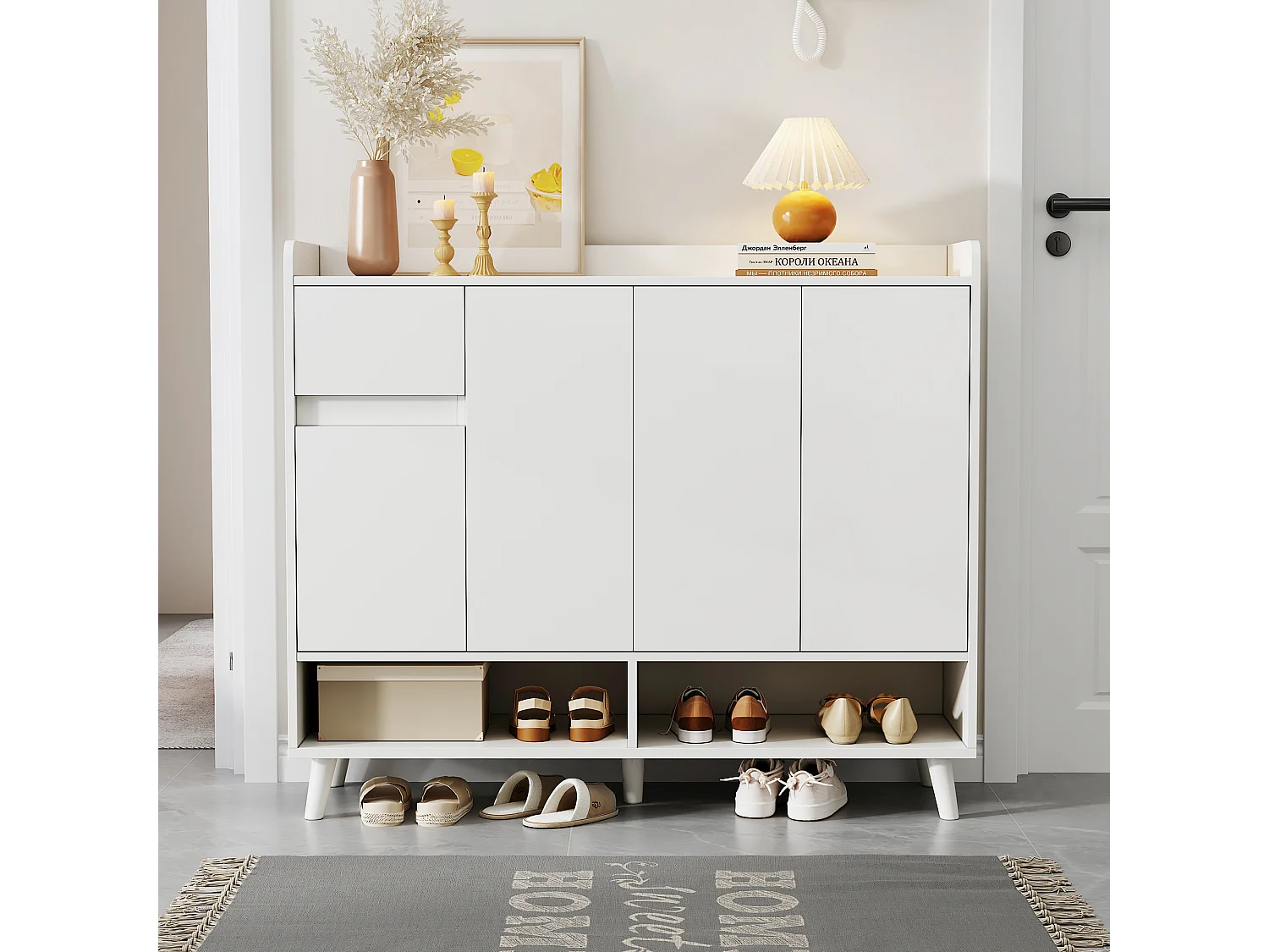 Aparador de madera blanco 120x35x99cm con balda regulable para recibidor salón dormitorio