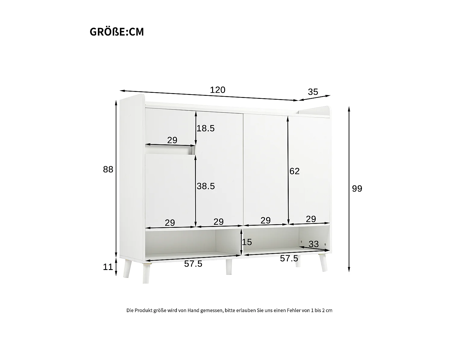 Aparador de madera blanco 120x35x99cm con balda regulable para recibidor salón dormitorio