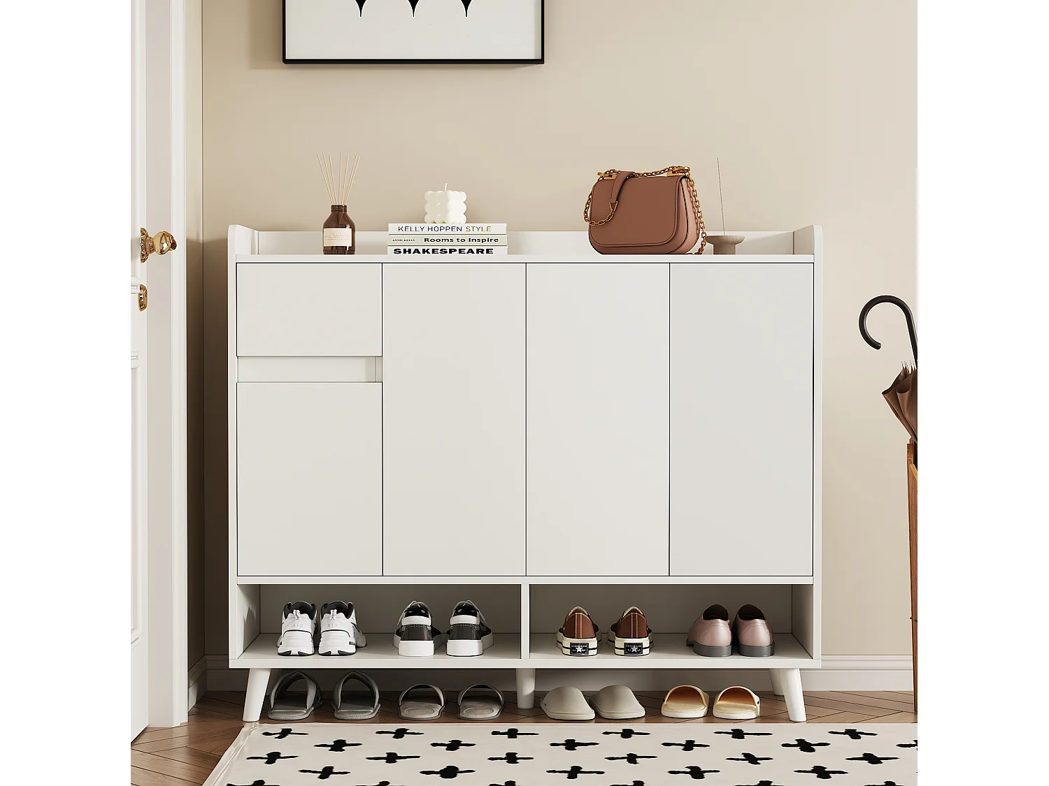 Aparador de madera blanco 120x35x99cm con balda regulable para recibidor salón dormitorio