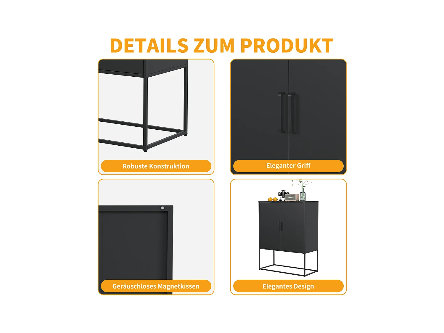 Buffet da tavolo in acciaio, armadio metallico di alta capacità per salone o scrivania, nero 80x40x85 cm