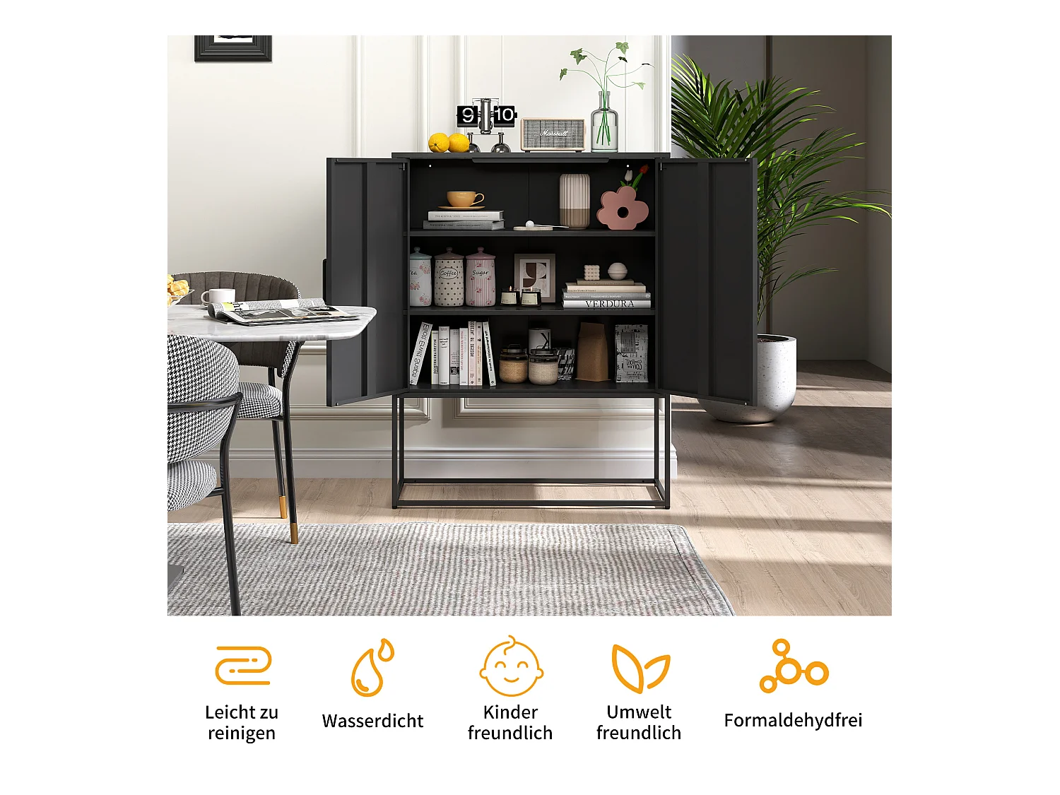 Buffet da tavolo in acciaio, armadio metallico di alta capacità per salone o scrivania, nero 80x40x85 cm