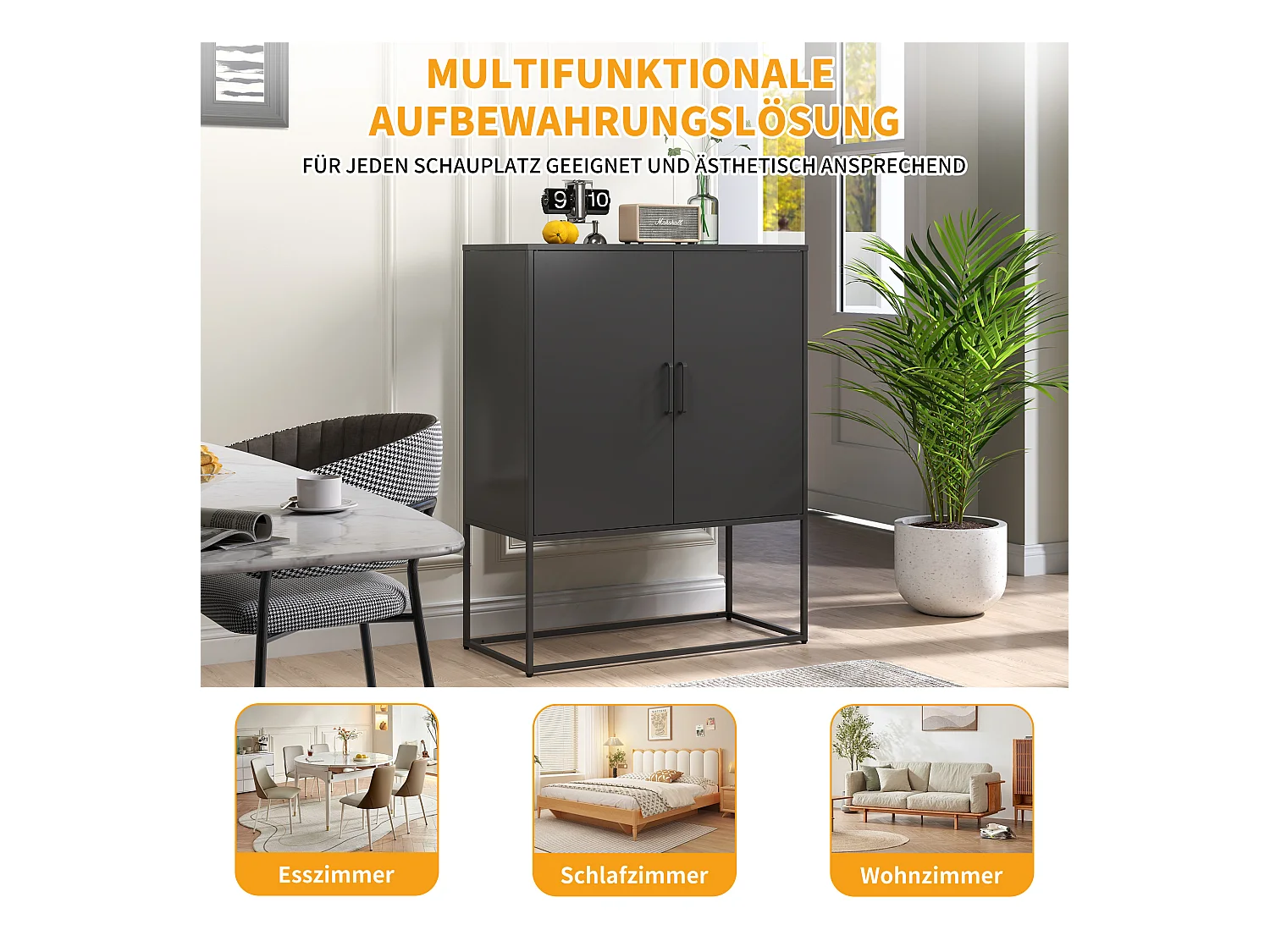 Buffet da tavolo in acciaio, armadio metallico di alta capacità per salone o scrivania, nero 80x40x85 cm