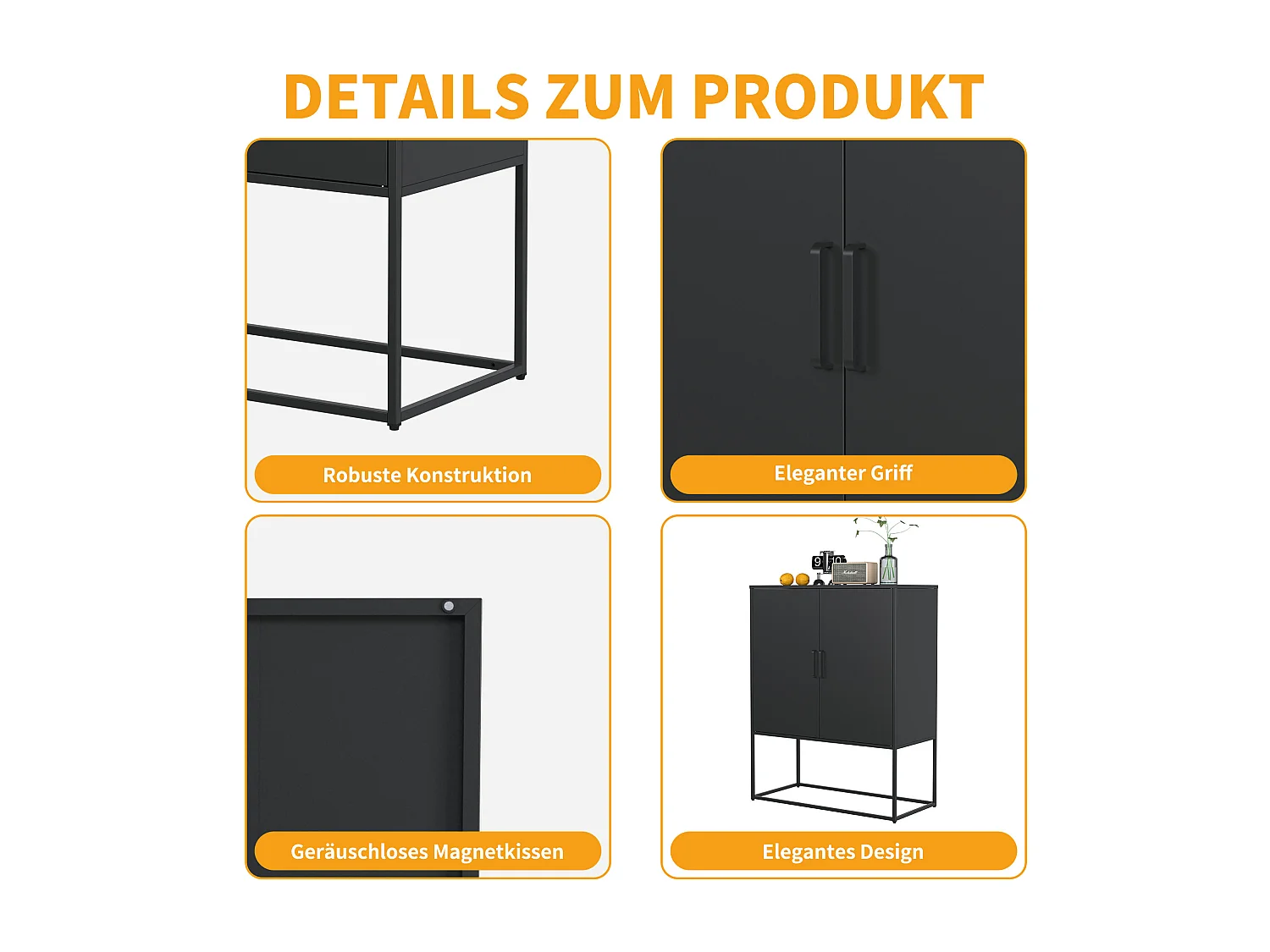 Buffet de rangement en acier, armoire métallique haute capacité pour salon ou bureau, noir 80x40x85 cm