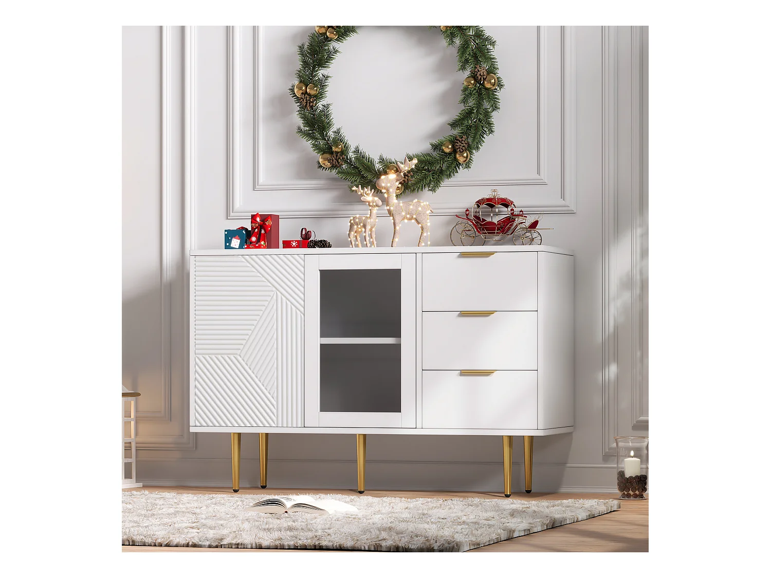 Aparador bajo en paneles de madera con puertas de cristal y cajones para salón moderno blanco 150cm