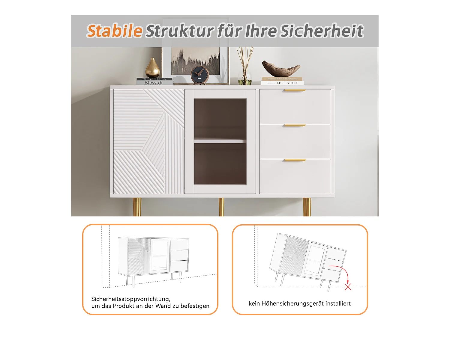 Aparador bajo en paneles de madera con puertas de cristal y cajones para salón moderno blanco 150cm