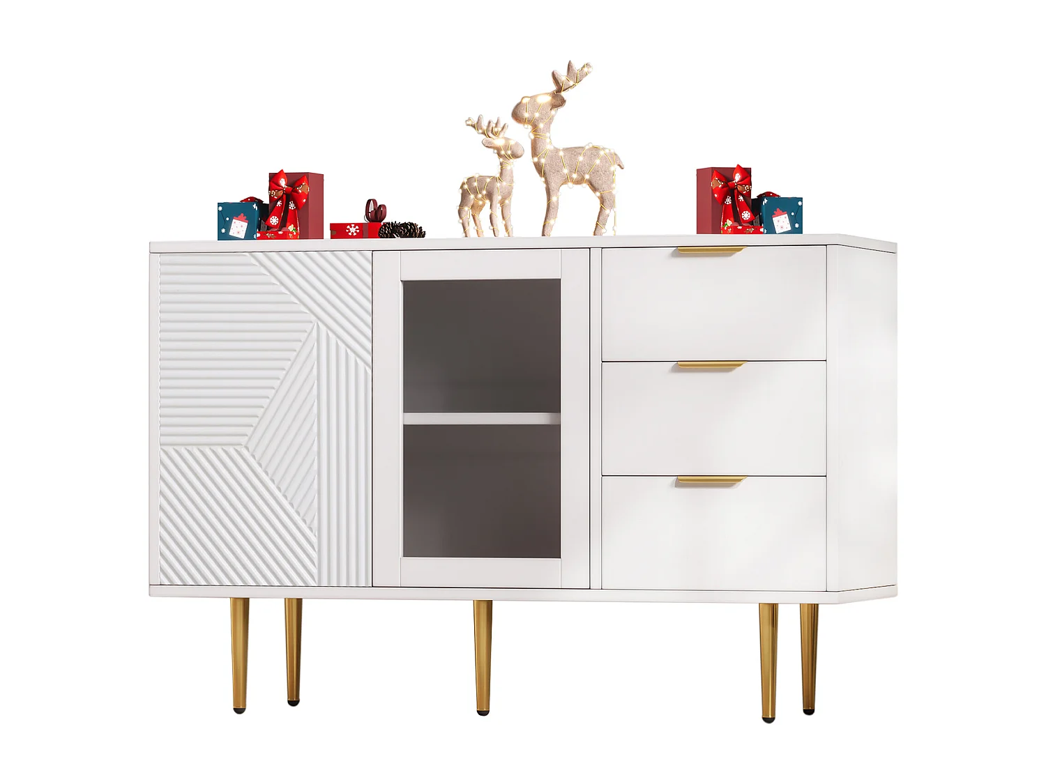 Aparador bajo en paneles de madera con puertas de cristal y cajones para salón moderno blanco 150cm