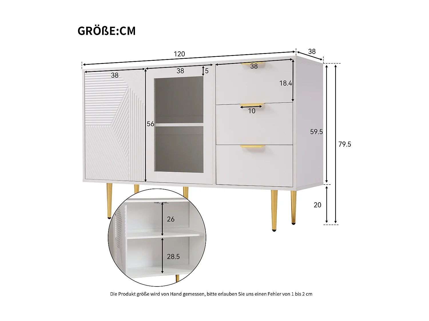 Aparador bajo en paneles de madera con puertas de cristal y cajones para salón moderno blanco 150cm