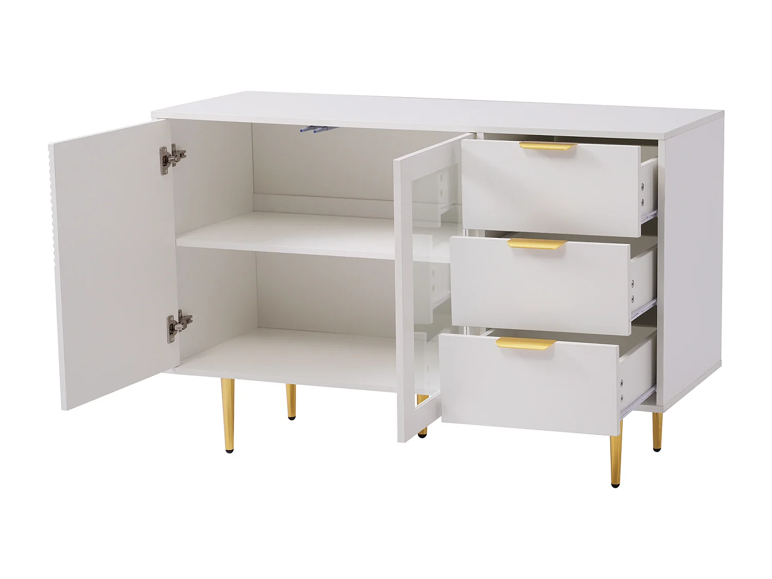 Aparador bajo en paneles de madera con puertas de cristal y cajones para salón moderno blanco 150cm