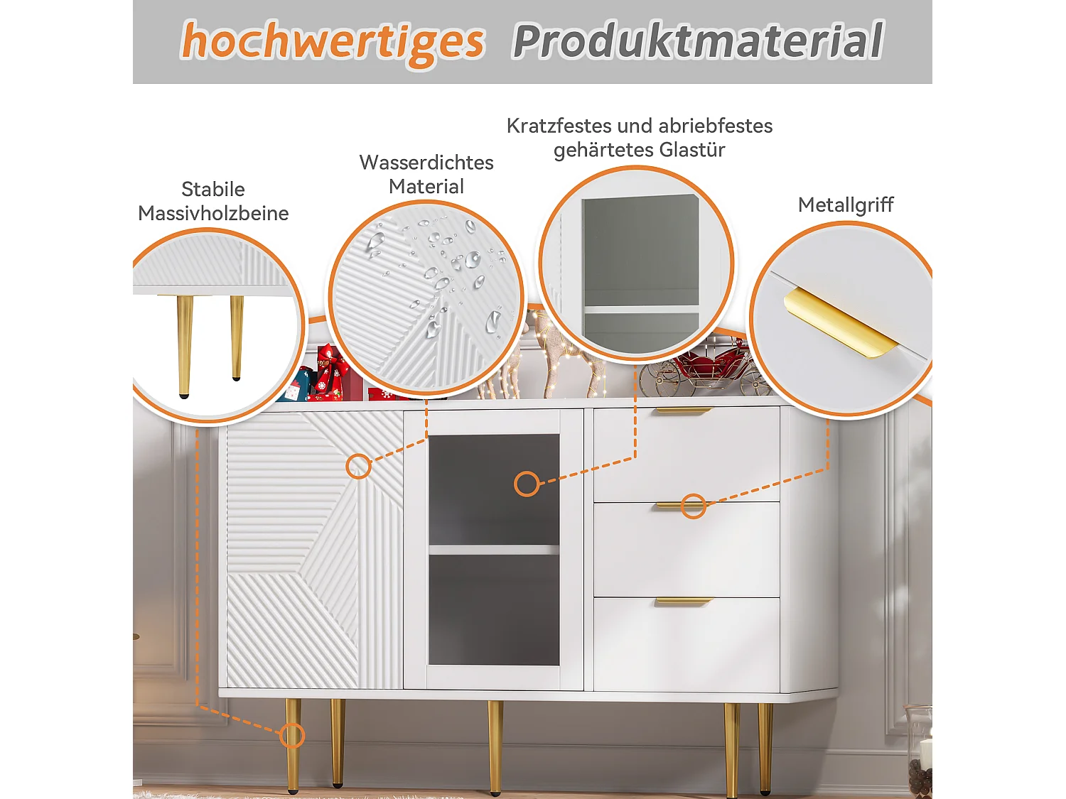 Aparador bajo en paneles de madera con puertas de cristal y cajones para salón moderno blanco 150cm