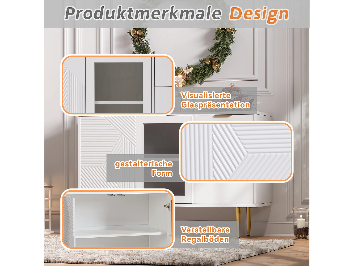 Aparador bajo en paneles de madera con puertas de cristal y cajones para salón moderno blanco 150cm