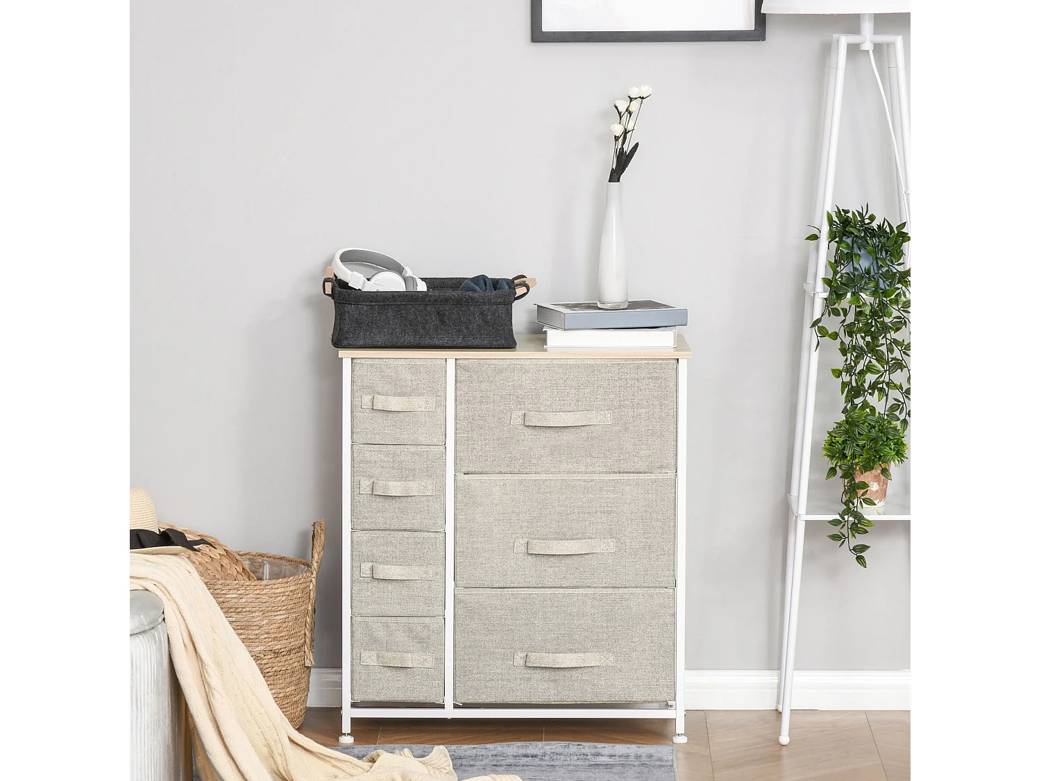 Mueble de almacenaje con 7 cajones plegables de tela y estructura de acero para dormitorio y entrada 63x30x71cm gris