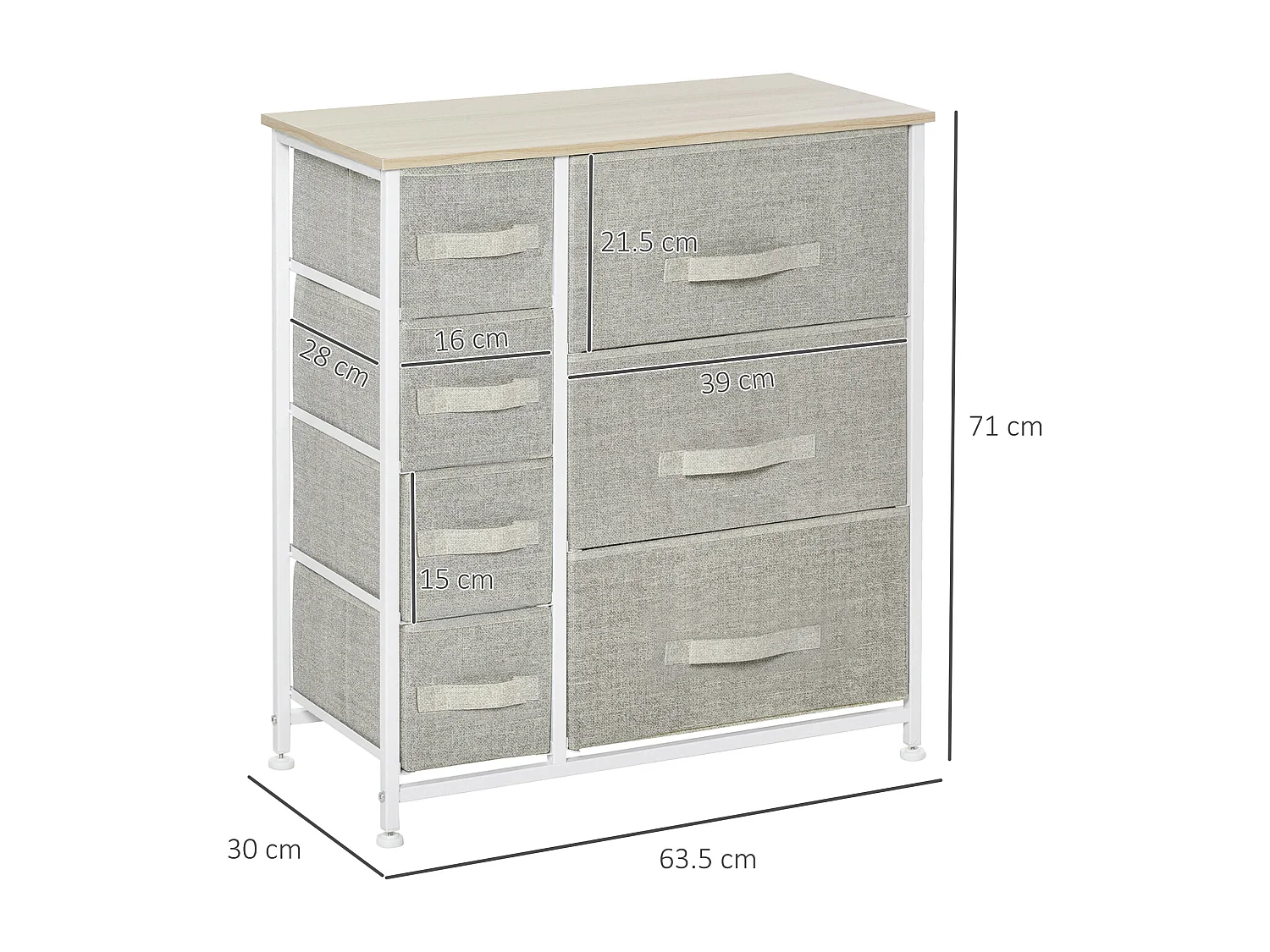 Mueble de almacenaje con 7 cajones plegables de tela y estructura de acero para dormitorio y entrada 63x30x71cm gris