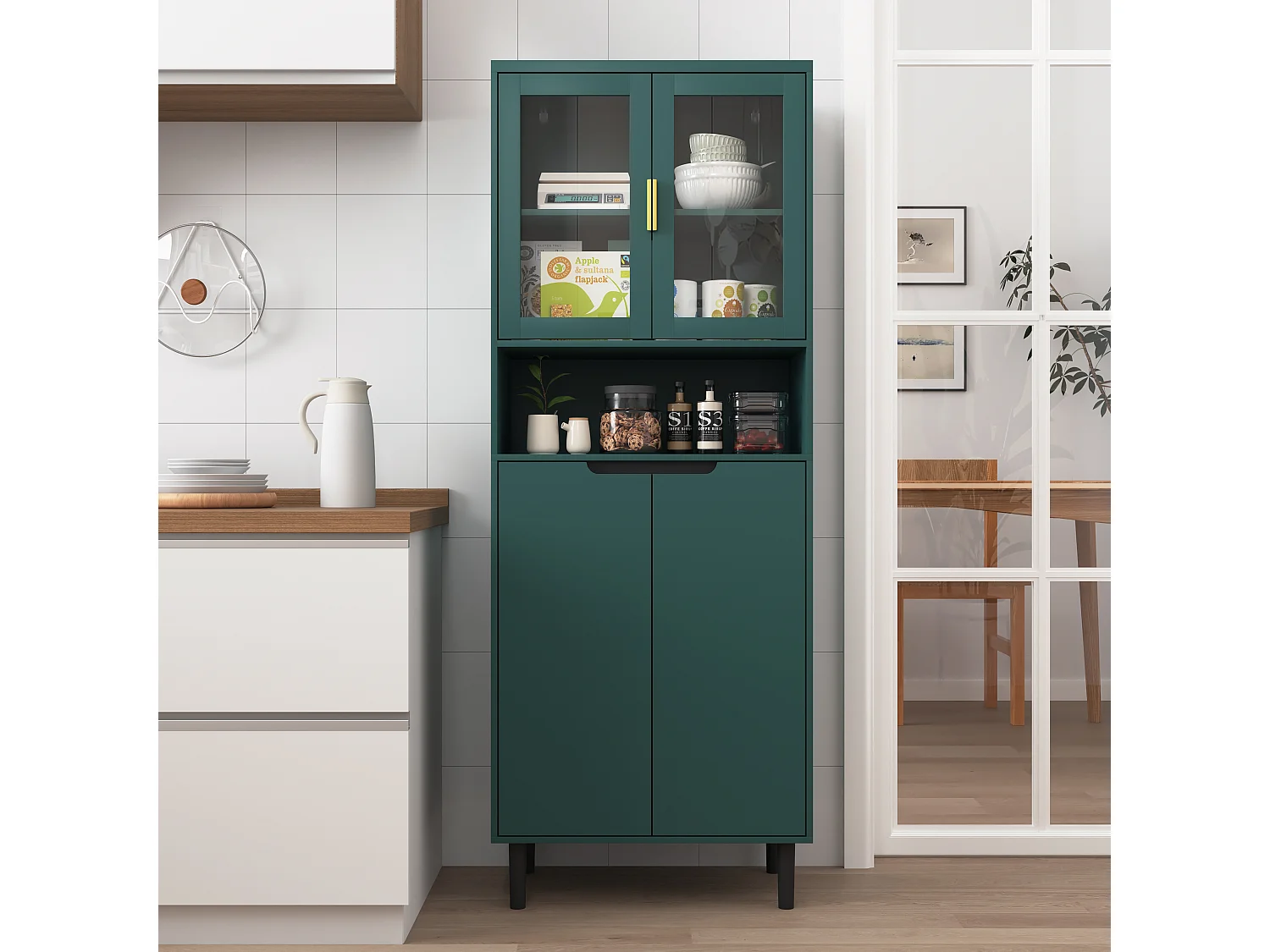 Armoire haute bois MDF vitrée rangement multiusage cuisine salon bureau vert