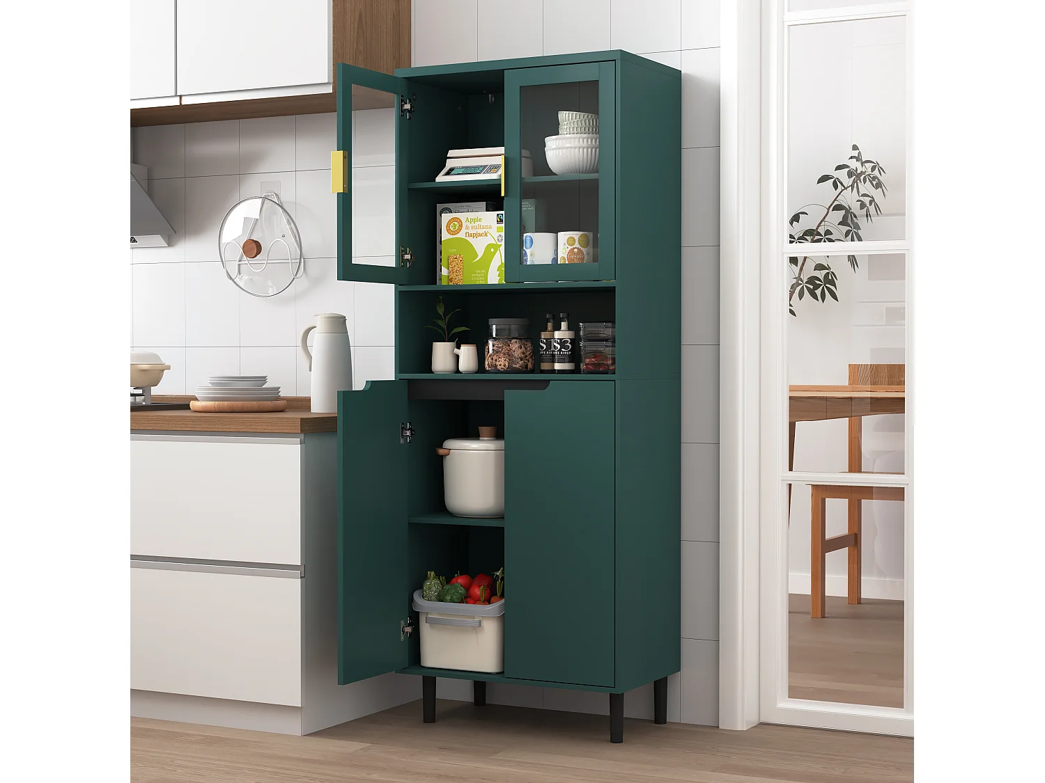 Armoire haute bois MDF vitrée rangement multiusage cuisine salon bureau vert