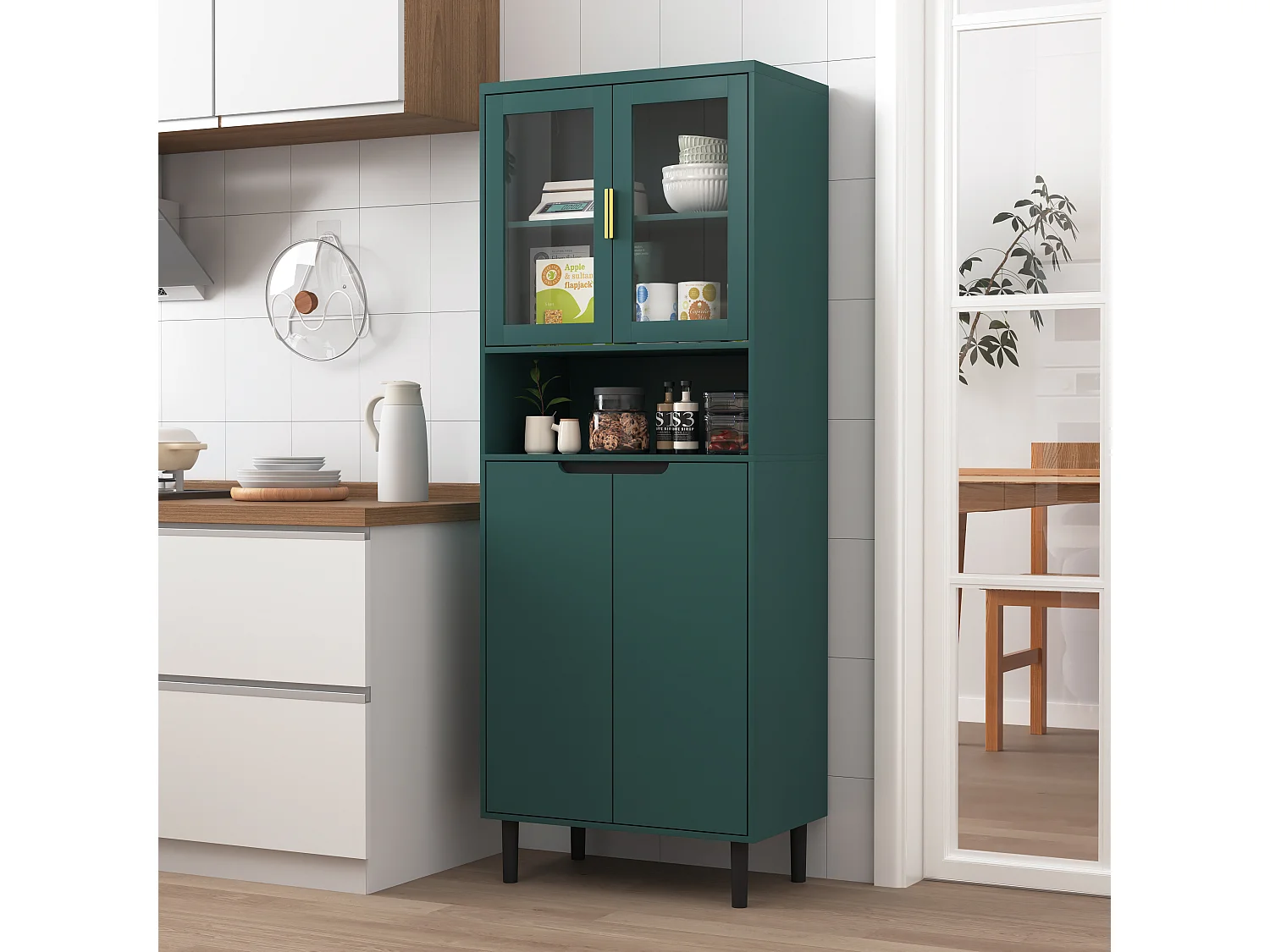 Armoire haute bois MDF vitrée rangement multiusage cuisine salon bureau vert