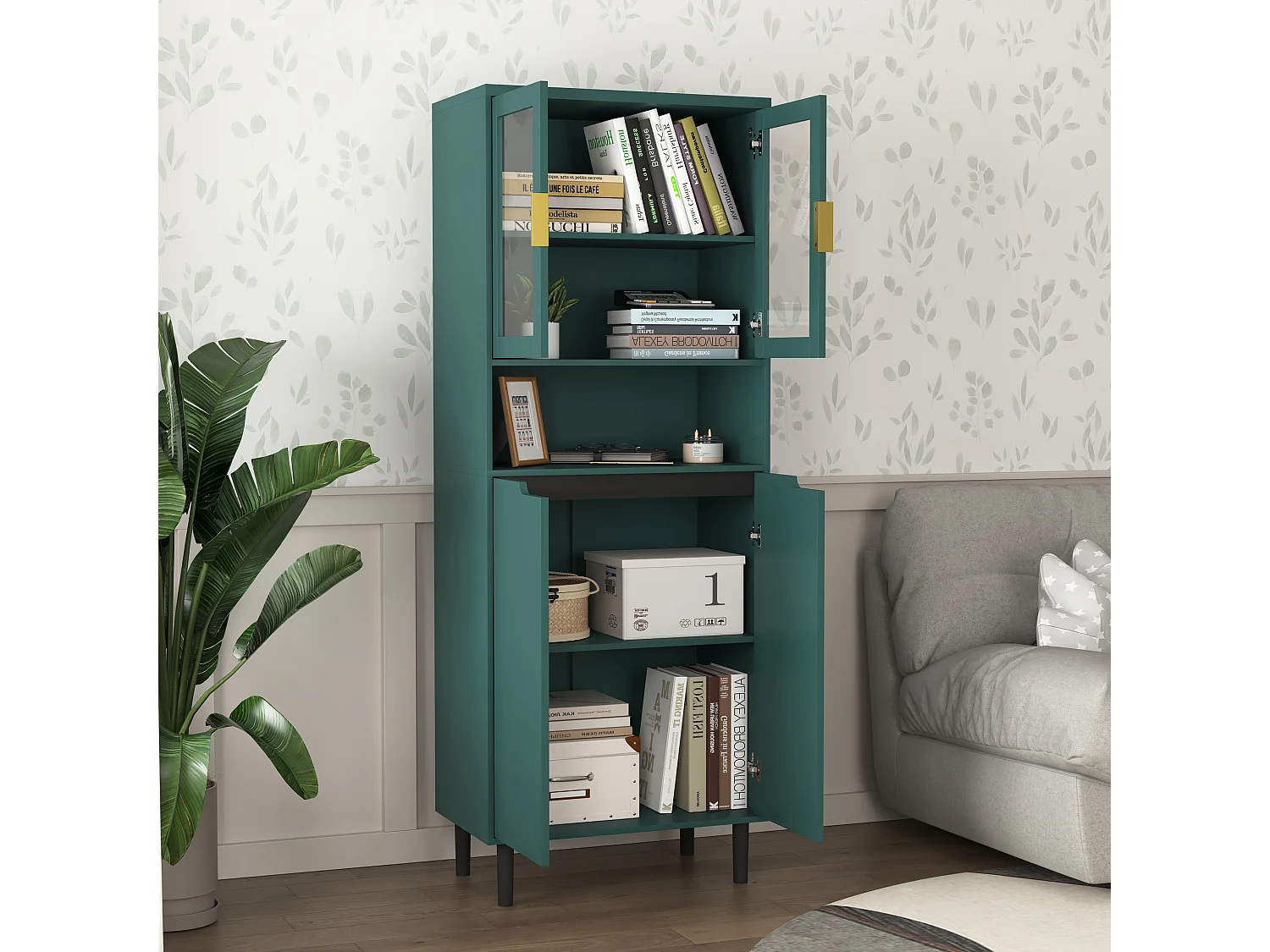 Armoire haute bois MDF vitrée rangement multiusage cuisine salon bureau vert