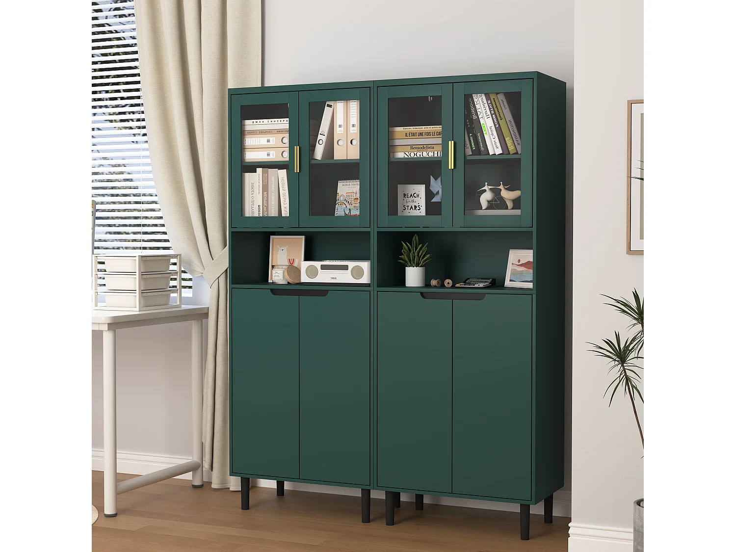 Armoire haute bois MDF vitrée rangement multiusage cuisine salon bureau vert