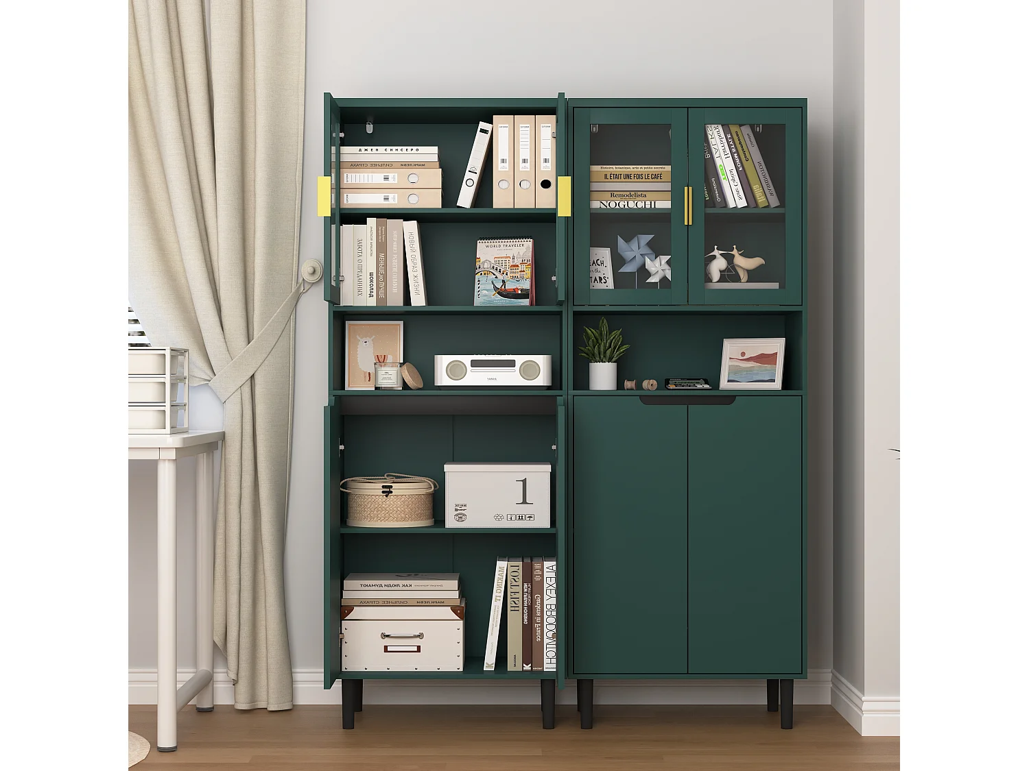 Armoire haute bois MDF vitrée rangement multiusage cuisine salon bureau vert