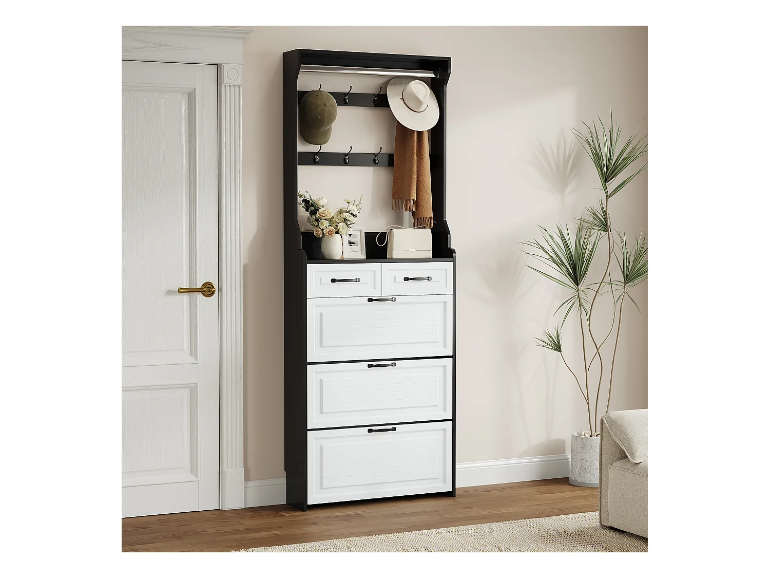 Mobile a chaussures MDF bianco 3 abattants 2 tiroirs Rangement couloir étroit 108×24×100 cm