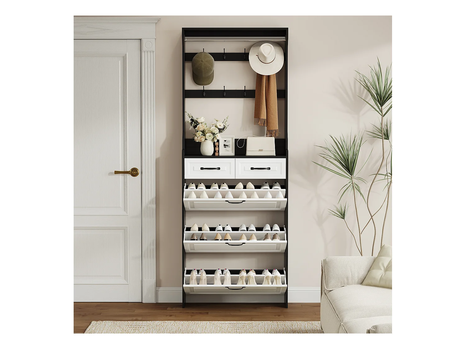 Mobile a chaussures MDF bianco 3 abattants 2 tiroirs Rangement couloir étroit 108×24×100 cm